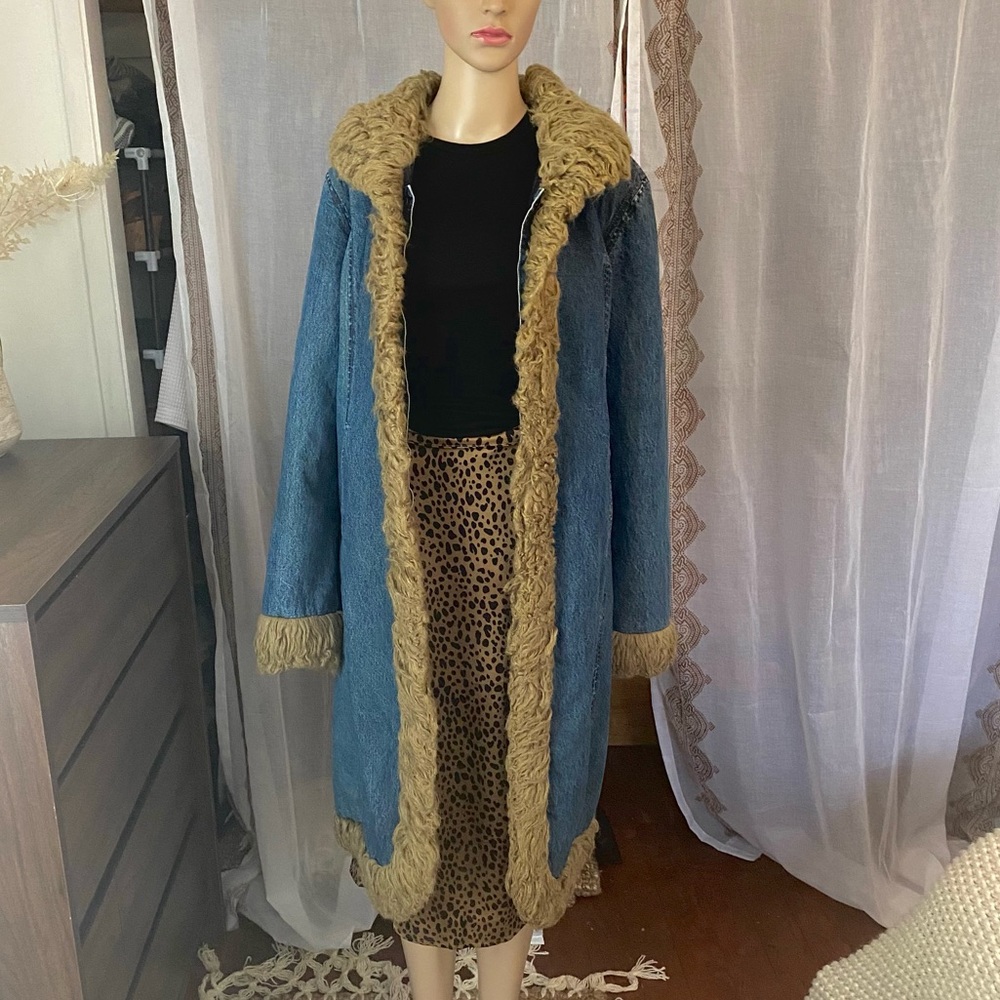 Guess long jean fur lined jacket